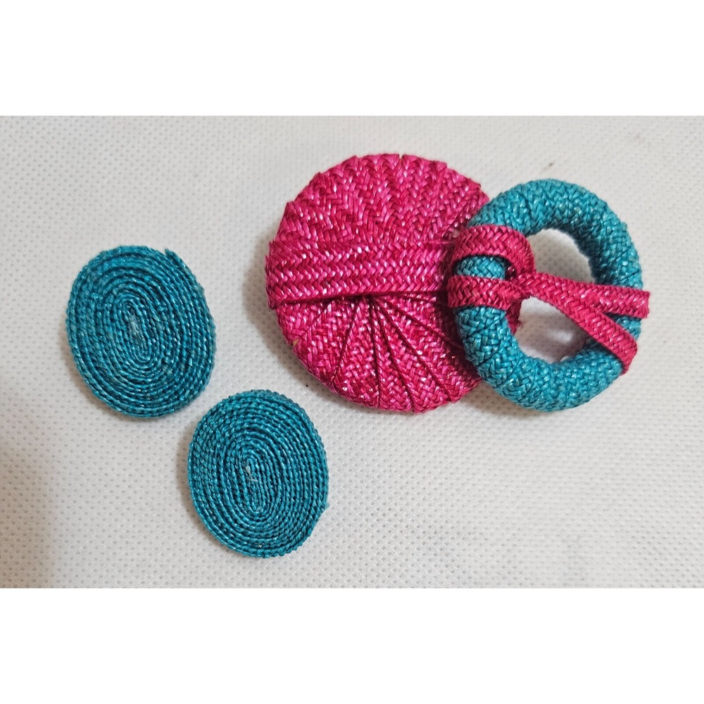 Vintage HOT Pink and Turquoise Blue Raffia Weave Oval Earrings Brooch Pin‎ 80's - Picture 2 of 9